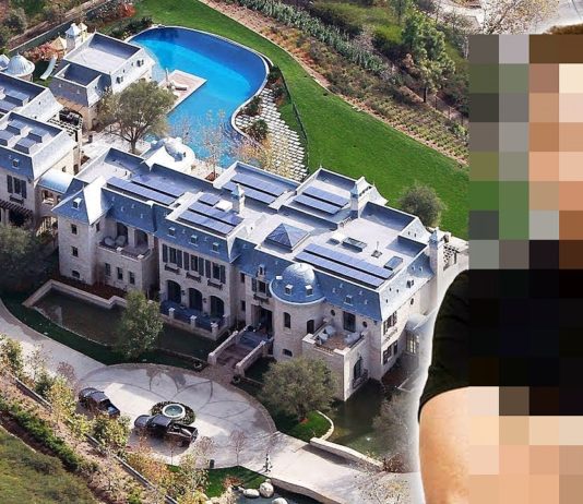 Ein verpixelter Mann posiert vor einer riesigen Villa, die sich offensichtlich nur die reichsten Menschen werden leisten können. Vor der Villa ist ein Parkplatz, dahinter ein Swimming Pool mit großer Grünfläche.