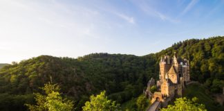 Burg auf einem Berg in Deutschland umgeben von Wald