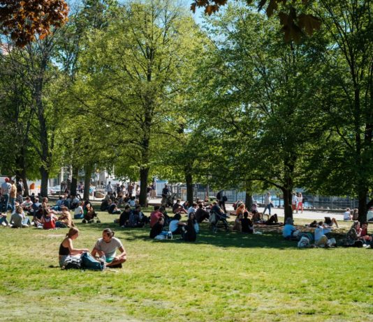 Ein voller Park mit Menschen während der Coronapandemie. Es ist wohl Sommer und viele haben sich in den Schatten der Bäume zurückgezogen. Es ist ein sonniger und warmer Tag, den die Menschen in vollen Zügen genießen.