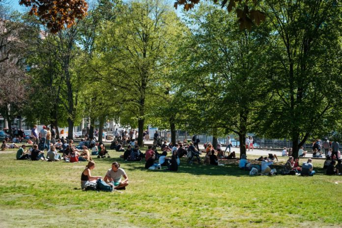Ein voller Park mit Menschen während der Coronapandemie