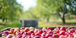 Laster voller Äpfel für die Ernte