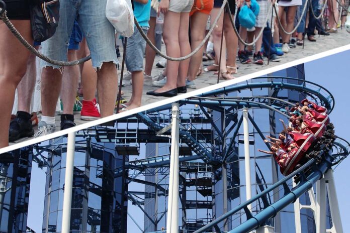 Eine Collage von zwei Fotos. Auf dem oberen Bild sieht man eine Schlange von Menschen. Die Oberkörper sind nicht zu sehen, sondern lediglich die Beine. Es scheint Sommer zu sein und viele von ihnen tragen kurze Hosen. Auf dem unteren Bild ist eine Achterbahn zu sehen, welche gerade in Betrieb ist. Menschen sitzen darin und fahren gerade eine Kurve herunter. 