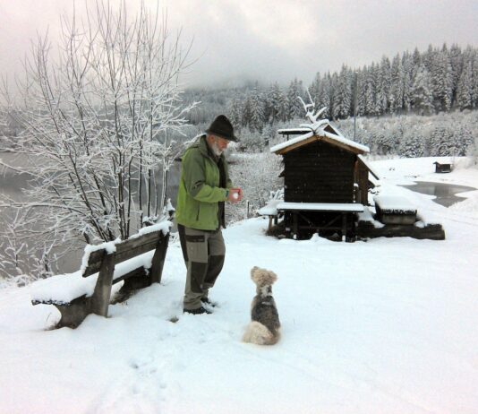 Mann mit seinem Hund im verschneiten Wald