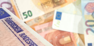 Auf einem Führerschein liegen mehrere 50-Euro-Scheine