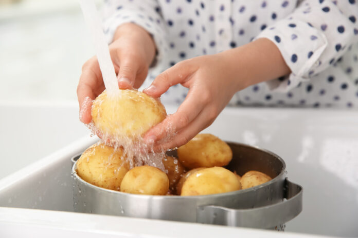 Kartoffeln im Topf werden gewaschen.