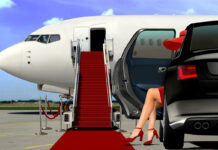 Reiche Frau an Flugzeug