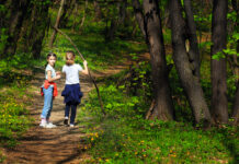 Zwei Mädchen sammeln bei einem Waldspaziergang Äste.