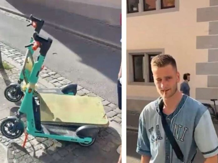Männer bauen Umzugswagen mit E-Scootern.