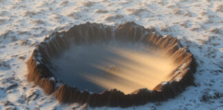Ein Krater mit schneebedeckter Umgebung.