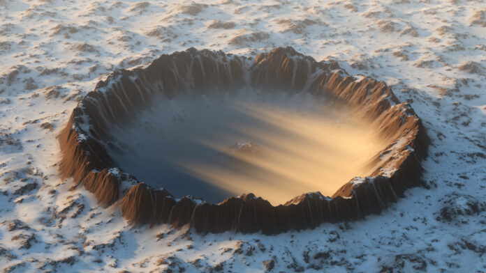 Ein Krater mit schneebedeckter Umgebung.