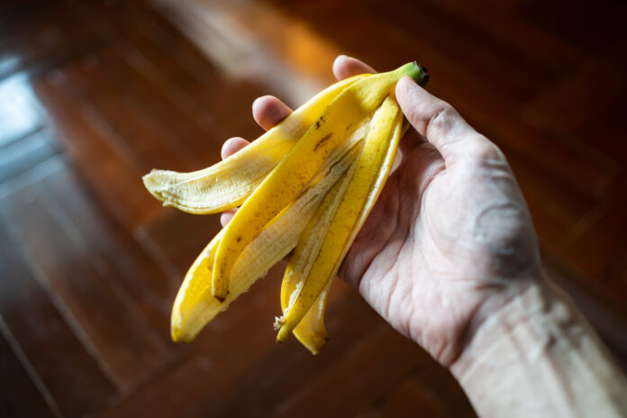 Bananenschale in der Hand