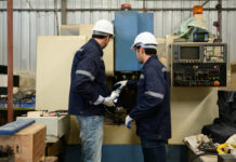 Zwei männliche Techniker mit Blaumann und weißen Helmen stehen an einer Maschine und untersuchen diese. Es sieht so aus, als würden sie sich darüber unterhalten, wie das Gerät zu warten ist und wie man es reparieren kann.