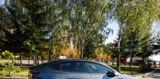 Ein Tesla Model 3 in der Seitenansicht in der freien Natur zwischen Bäumen in einem Park