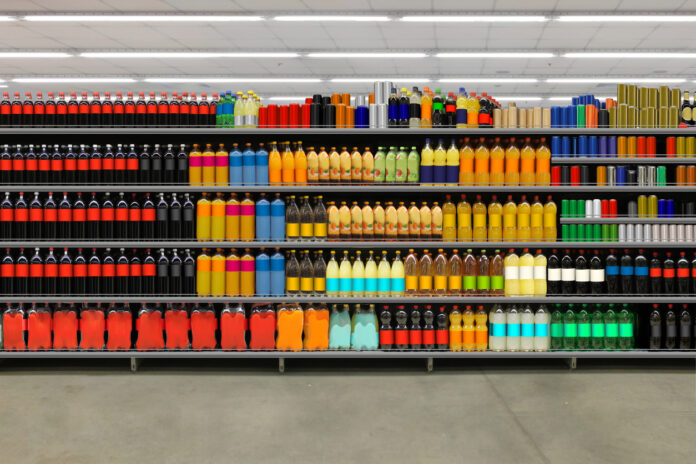 Diverse Soda- und Getränkeflaschen in den Regalen eines Supermarkts