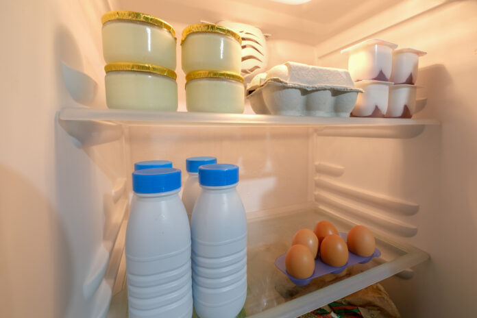 In einem geöffneten Kühlschrank sind Joghurt, Eier und Milch zu sehen.
