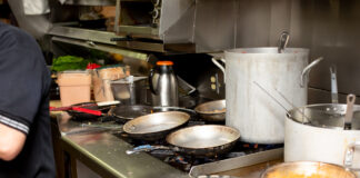 Eine stark beanspruchte Küche in einer Gaststätte mit schmutzigen Pfannen und Töpfen