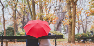 Ein Paar sitzt unter dem Regenschirm auf einer Bank im Herbstlaub.