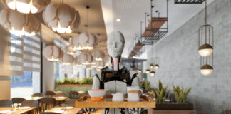 Ein Roboter steht in einem Restaurant und serviert Speisen und Getränke den Gästen
