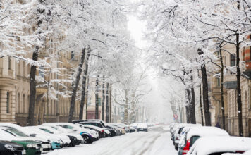 Eine zugeschneite Straße mit Bäumen und Autos.