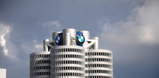Das BMW-Gebäude vor blauem Himmel