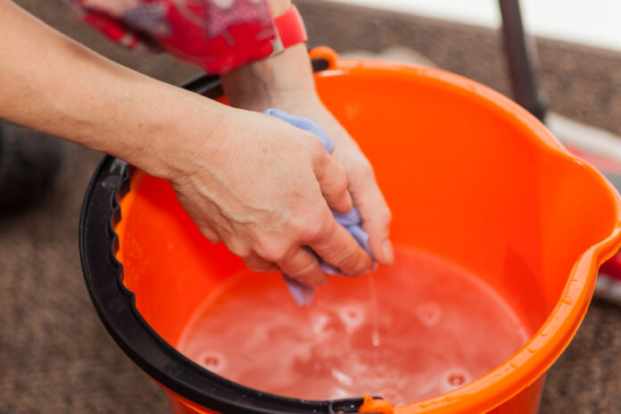 Eine Frau wringt über einem Eimer mit Putzwasser einen Lappen aus.