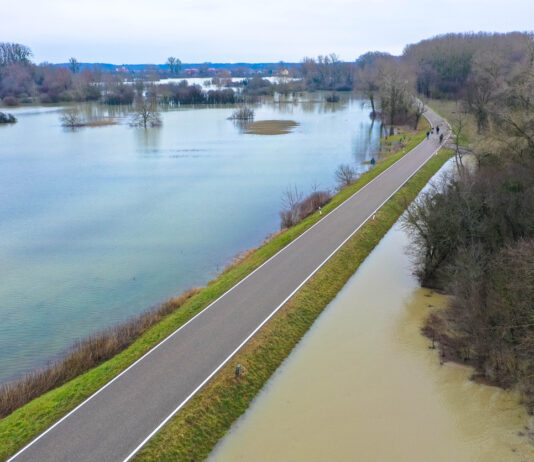 Hochwasser am Rhein, Flächen sind überflutet.