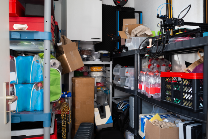 Eine Garage, die vollgestellt ist mit Kisten und Kartons.