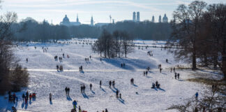 In einem verschneiten Park verbringen viele Menschen den Tag draußen.