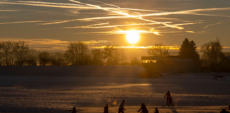 Sonnenuntergang bei Schnee auf einer Wiese in Bayern