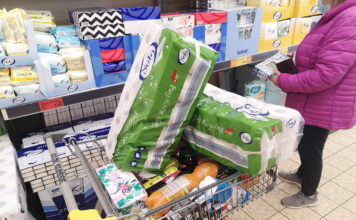 Eine Frau steht vor einem Regal mit Toilettenpapier und Kosmetiktüchern. Im Vordergrund steht ein Einkaufswagen mit viel Toilettenpapier.