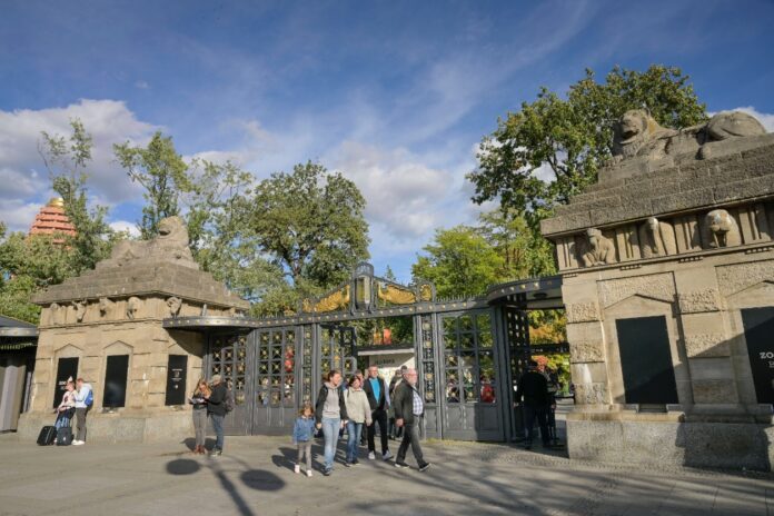 Der Eingangsbereich vom Karlsruher Zoo bei schönem Wetter, davor laufen Menschen, die den Zoo besuchen wollen