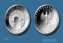 Die neue 20-Euro-Münze, die sich aktuell neu im Umlauf befindet, von beiden Seiten abgebildet. Es handelt sich dabei um die Immanuel-Kant-Münze, die zu seinem 300. Geburtstag entworfen worden ist.