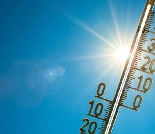 Ein Thermometer wird in die Sonne gehalten. Der Hintergrund ist ein blauer Himmel, ohne Wolken. Die Sonne ist ebenfalls hinter dem Thermometer zu sehen.
