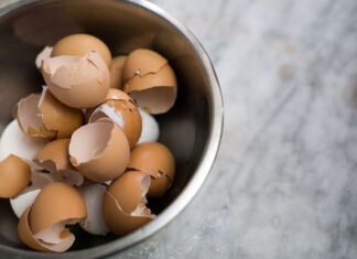 Eierschalen liegen in einer Schale aus Metall. Die Schüssel steht auf einer Arbeitsplatte in der Küche. Der Müll ist vom Kochen oder Backen übrig geblieben.