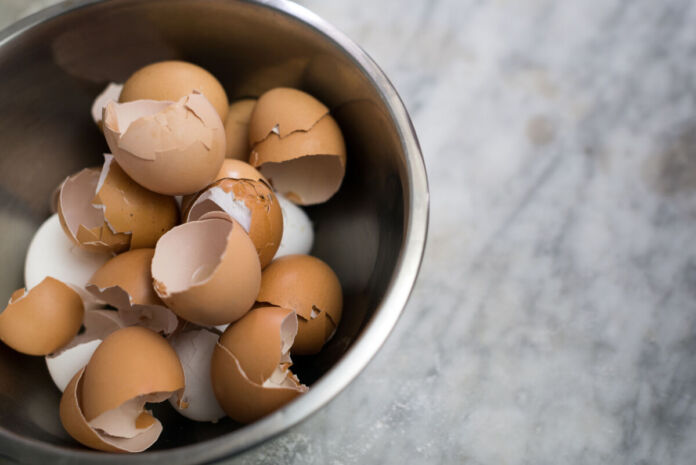 Eierschalen liegen in einer Schale aus Metall. Die Schüssel steht auf einer Arbeitsplatte in der Küche. Der Müll ist vom Kochen oder Backen übrig geblieben.