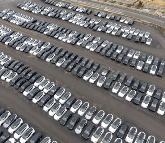 Auf einem großen Parkplatz stehen viele Autos ordentlich nebeneinander. Die Fahrzeuge haben unterschiedliche Farben. Es handelt sich dabei um PKWs und Elektroautos, die neu und gebraucht aussehen.