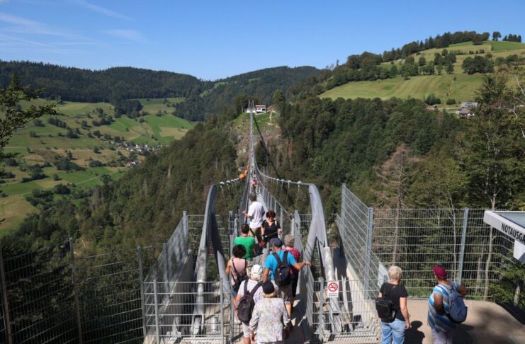 Viele Menschen laufen über eine hohe Hängebrücke mit Stahlgittern an den Seiten. Die Brücke befindet sich im Schwarzwald und ist von Bäumen umgeben.