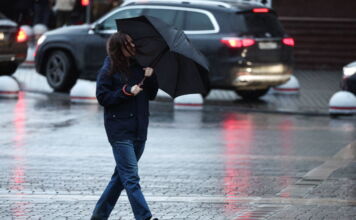 Eine Frau geht an einem regnerischen Tag durch die Stadt. In ihren Händen hält sie einen Regenschirm gegen Regen und Wind. Sie möchte sich vor der Nässe schützen. Im Hintergrund fahren Autos.