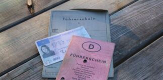 Auf einem Holztisch im Freien liegen zwei alte Führerscheine und ein alter Personalausweis. Ab 2033 soll EU-weit einheitlich der EU-Führerschein gelten.