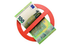 Zu sehen ist ein 100-Euro-Schein in einem Verbotszeichen. Der Schein befindet sich in der Mitte und ist deutlich eingekreist und umschlossen von einem roten, klassischen Verbotszeichen aus dem Straßenverkehr.