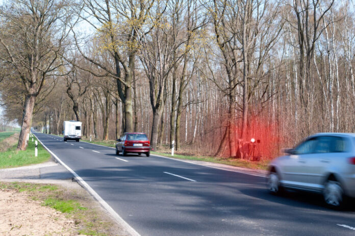 Auf einer Landstraße in Deutschland rast ein Auto an einer Radarfalle vorbei, die durch die erhöhte Geschwindigkeit aktiviert wird. Für den Fahrer wird ein Bußgeld fällig. Andere Autos sind ebenfalls auf der Straße unterwegs.