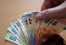 Auf dem Bild sind mehrere Euro-Banknoten fächerförmig abgebildet und werden mit der rechten Hand aus einem schwarzen Leder-Geldbeutel gezogen. Sichtbar sind Banknoten in den Stückelungen 100, 50, 20 und 10 Euro. Die Scheine liegen in überlappender Anordnung auf einer hellen Holzoberfläche.