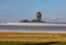 Neben einem Stück Wiese befindet sich ein großes Feld, auf dem offensichtlich Getreide angebaut wird. Dahinter zieht sich eine große Halle eines Unternehmens neben dem Feld entlang. Hinter diesen Hallen befindet sich ein großer Wasserturm, der gegen den Himmel emporragt.