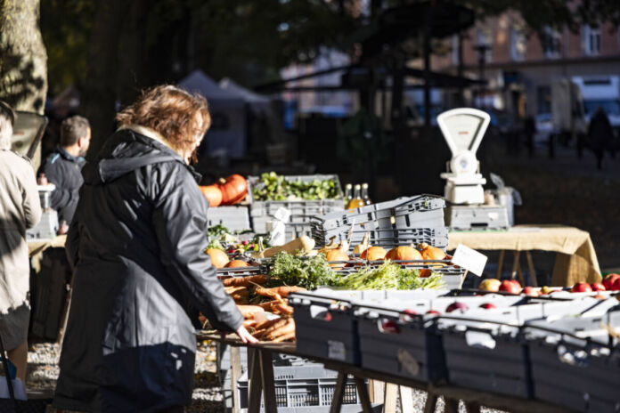 Eine Frau steht an einem Marktstand. Sie kauft Obst und Gemüse, das frisch aus der Region stammt, direkt bei der Händlerin. Danach bezahlt sie die Ware und nimmt die Lebensmittel mit nach Hause. Der Traditions-Stand muss aus Karlsruhe verschwinden.