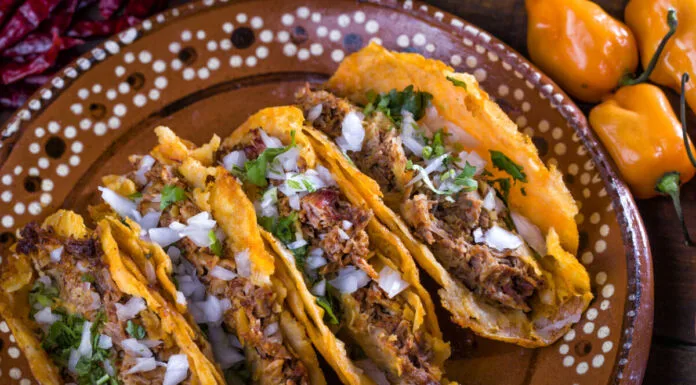 Schön angerichtete Tacos auf einem Teller in einem mexikanischen Restaurant. In den dünnen Teigmänteln oder Wraps ist Fleisch mit Zwiebeln und Kräutern. Karlsruhe hat eine große Auswahl an mexikanischen Spezialitäten zu bieten.