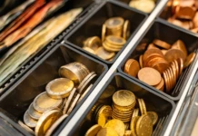 Eine geöffnete Geldkassette mit mehreren Fächern, die sorgfältig mit Münzen und Geldscheinen gefüllt sind. Man erkennt verschiedene Euro-Münzen in Gold- und Kupfertönen sowie gefaltete Banknoten.